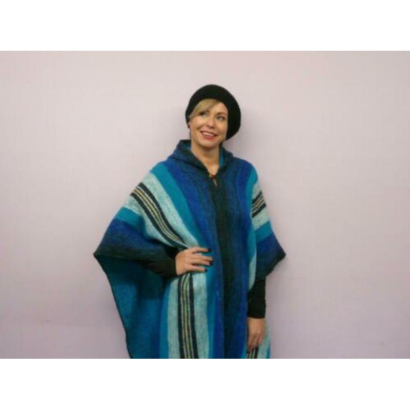 *Abfab Vintage Blauwe Wollen Poncho One Size*