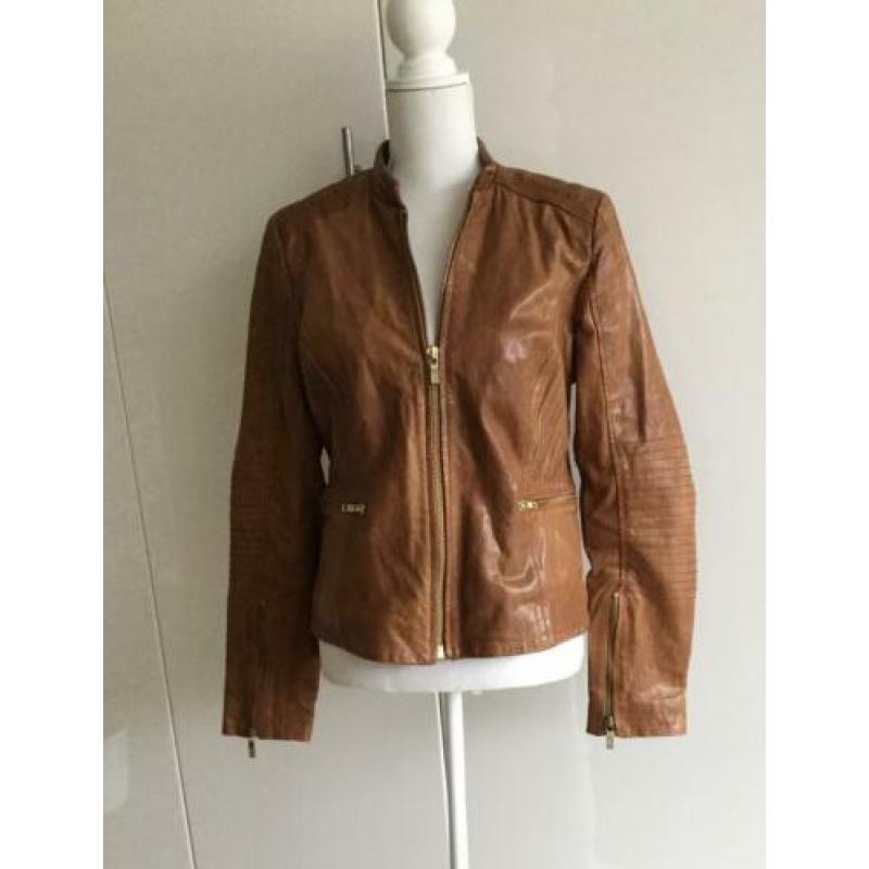Stoere cognackleurige leren jas, merk Mission blue