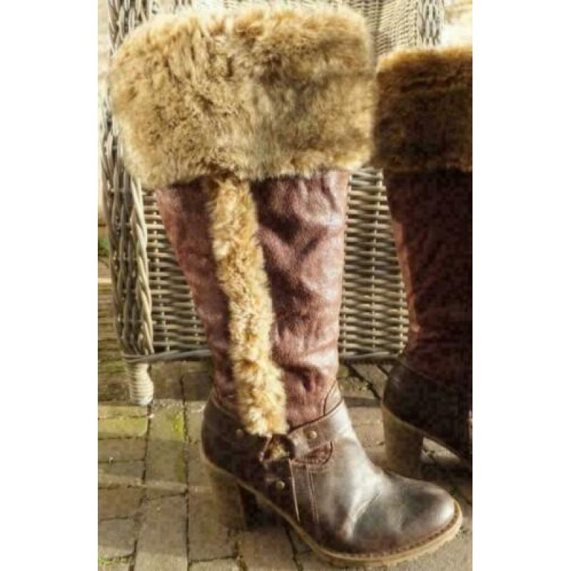 W.L.S. bruin lederen laarzen met imitatie bont mt 40