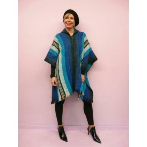 *Abfab Vintage Blauwe Wollen Poncho One Size*