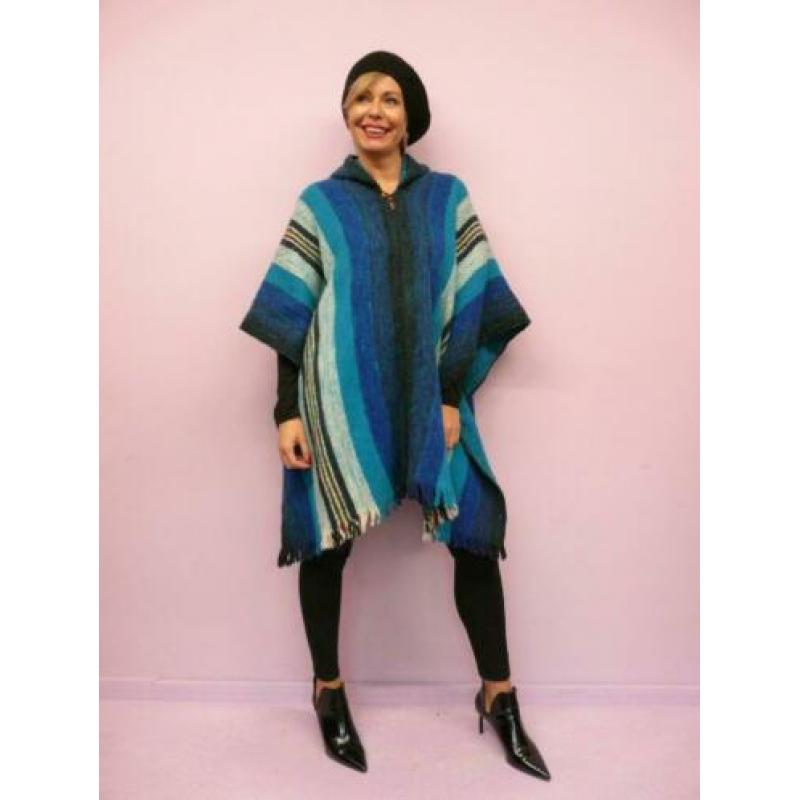 *Abfab Vintage Blauwe Wollen Poncho One Size*