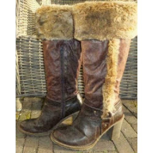W.L.S. bruin lederen laarzen met imitatie bont mt 40