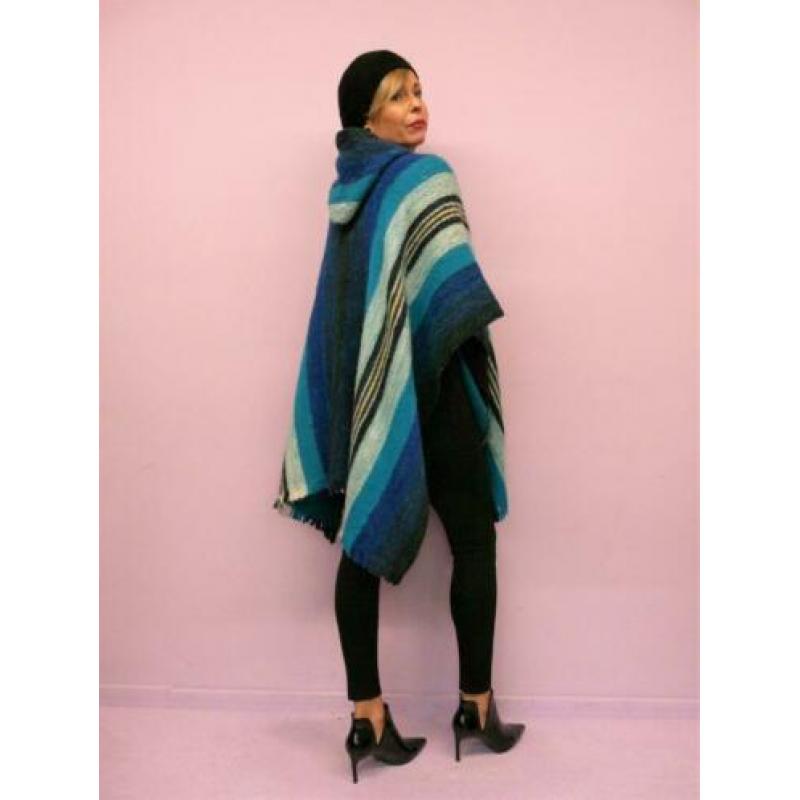 *Abfab Vintage Blauwe Wollen Poncho One Size*