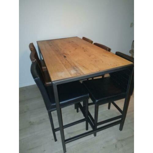 mooie set hoge eettafel met 6 lederen krukken