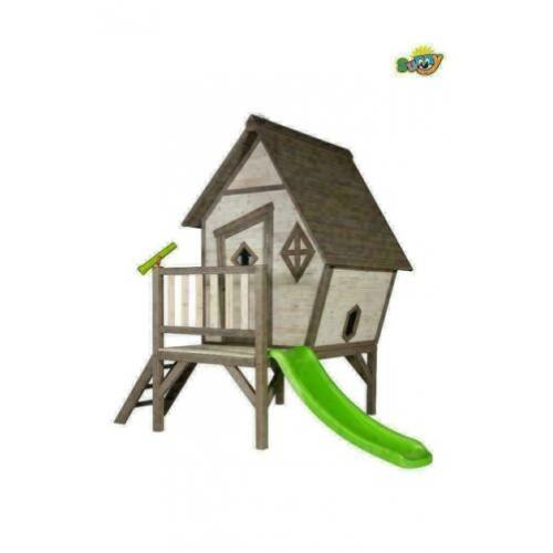 Houten speelhuisje Cabin XL met glijbaan en veranda | Sunny