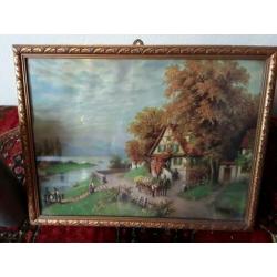 Schilderij, huisje aan de rivier