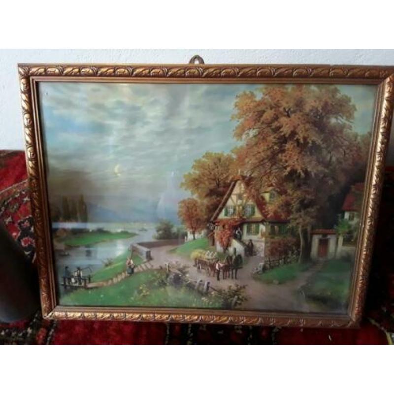 Schilderij, huisje aan de rivier