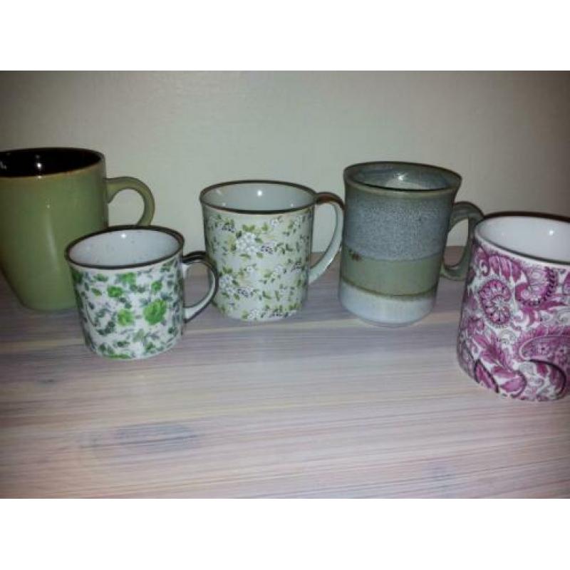 Vintage mokken, blauw, bruin, groen