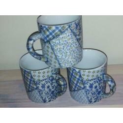 Vintage mokken, blauw, bruin, groen