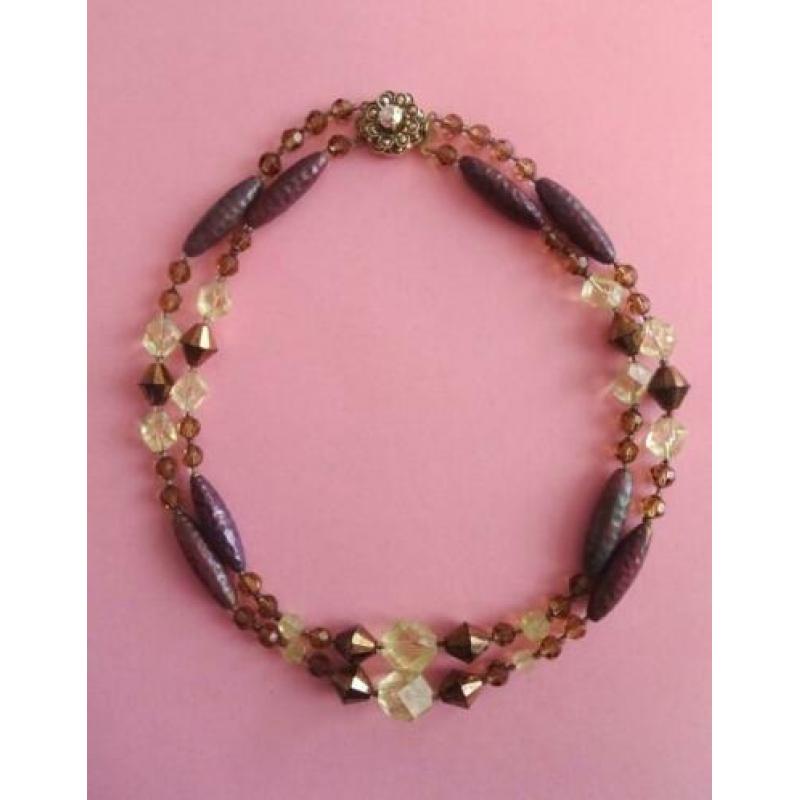 jwg Vintage 30s 40s collier kralen ketting paars geel