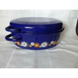 Retro emaille Kobalt blauw bloemen Wildpan Braadpan Pan