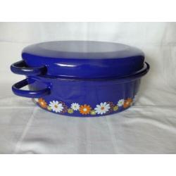 Retro emaille Kobalt blauw bloemen Wildpan Braadpan Pan