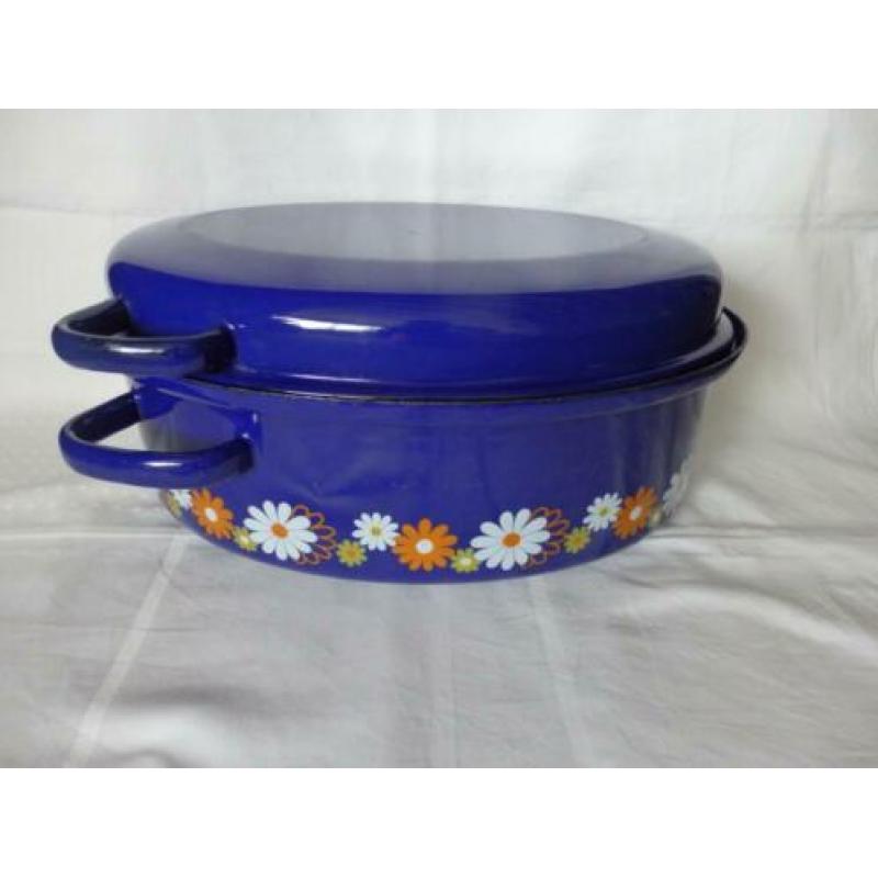 Retro emaille Kobalt blauw bloemen Wildpan Braadpan Pan