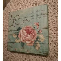 Canvas schilderijtje, vintage look, afmeting 24 cm x 24 cm.
