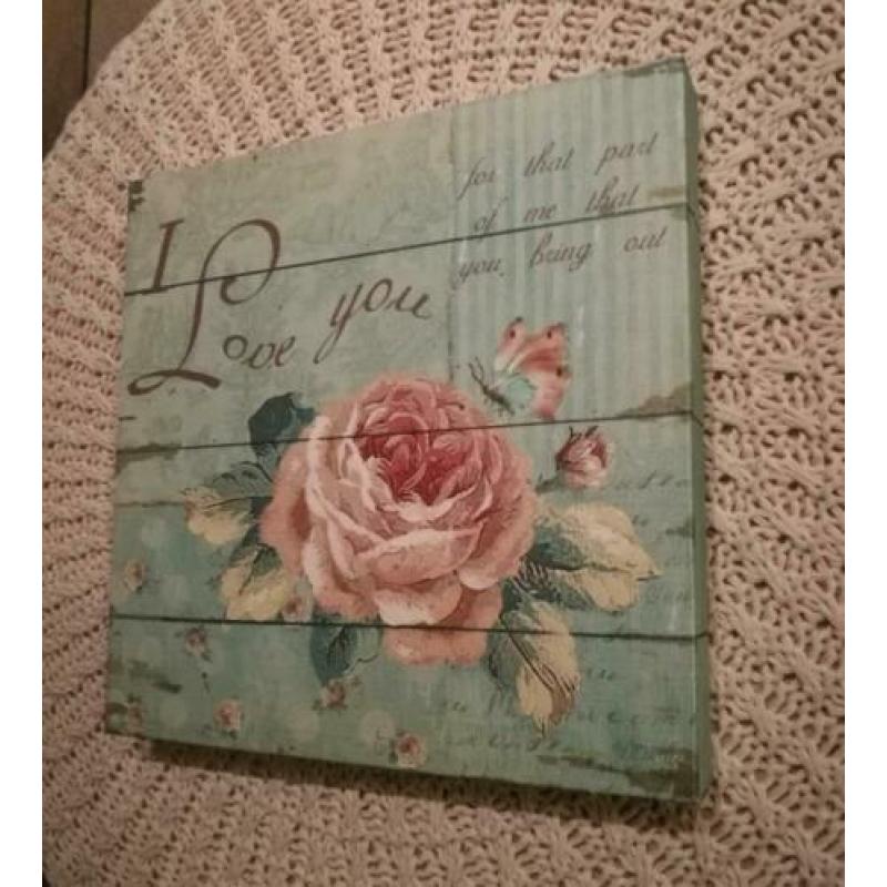 Canvas schilderijtje, vintage look, afmeting 24 cm x 24 cm.