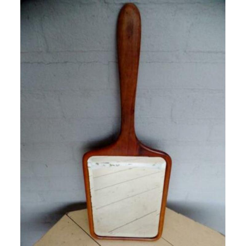 Grote houten dunne handspiegel facet geslepen design fifties