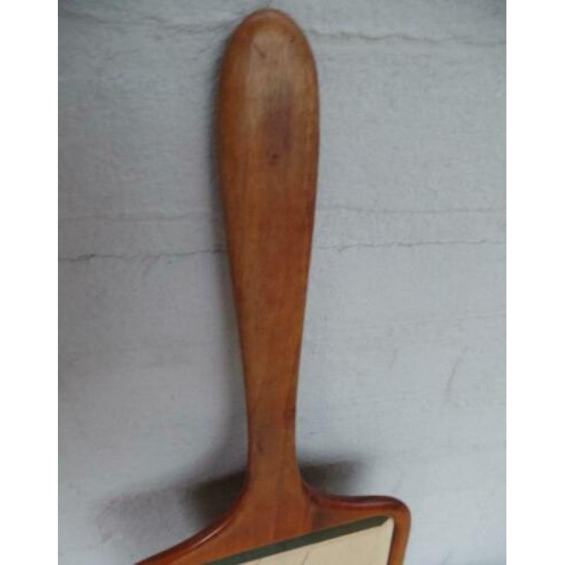 Grote houten dunne handspiegel facet geslepen design fifties