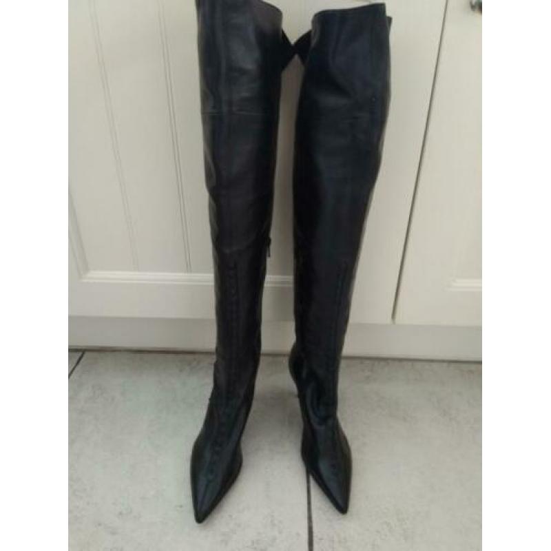 Vintage Over de knie laarzen zwart leer sexy maat 36