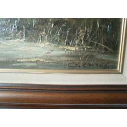 Olieverf schilderij op doek met landschap en bootje