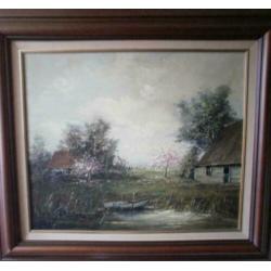Olieverf schilderij op doek met landschap en bootje