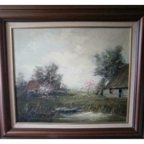 Olieverf schilderij op doek met landschap en bootje