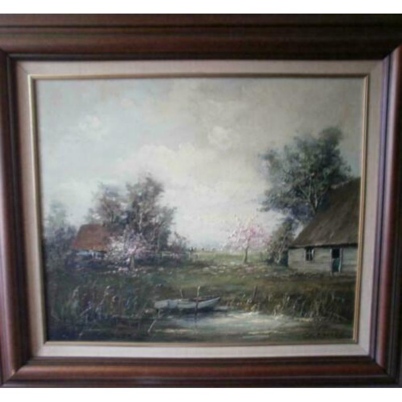 Olieverf schilderij op doek met landschap en bootje