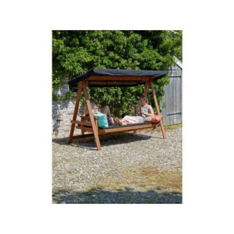 Schommelbank van hardhout met luifel, kussens en ligstand