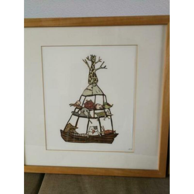 3 collages getekend door Anne van Buul in lijst
