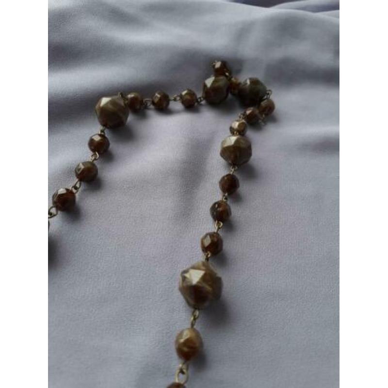 Vintage 1950 50s lange ketting met tijgeroog kralen tussen