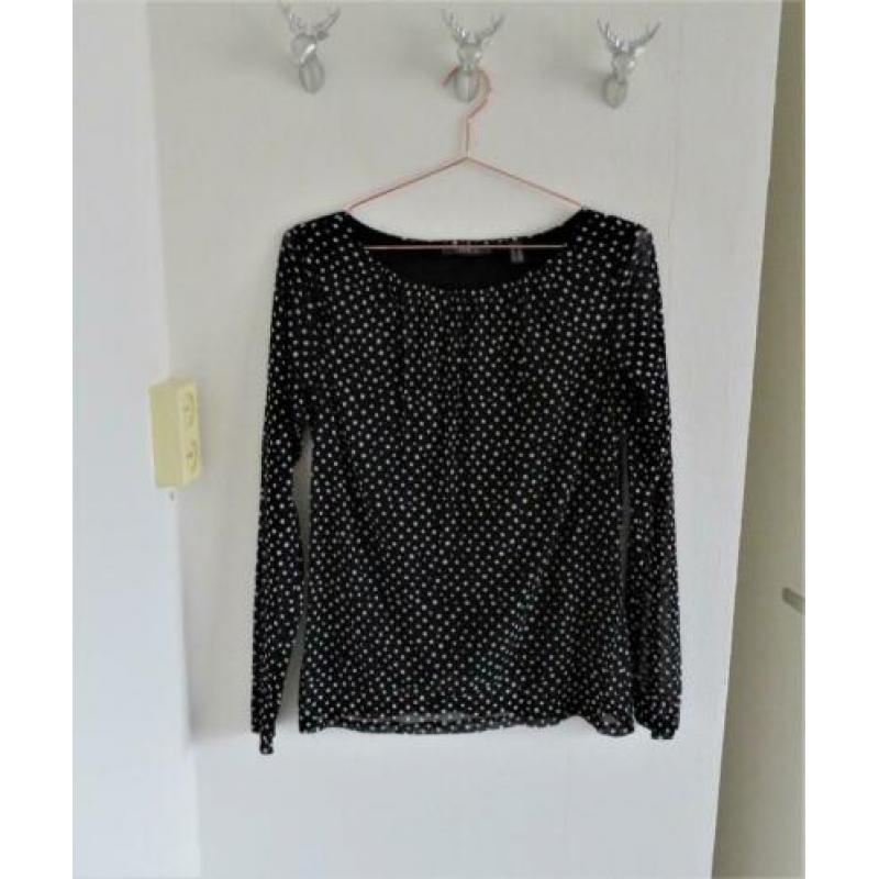Esprit zwart met witte dots shirt mt XL doorschijnende mouw