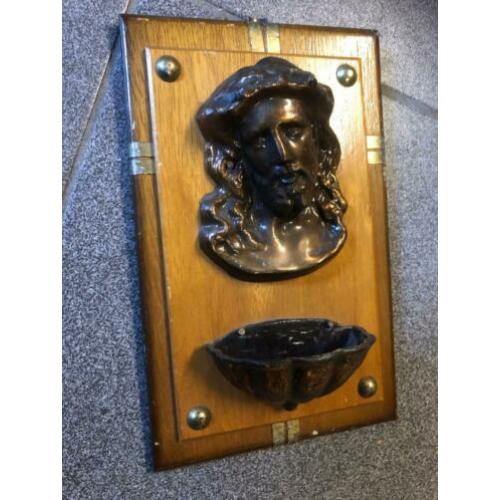 Bronskleurig metalen wijwaterbakje (15x10)