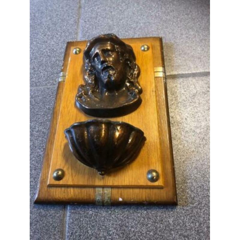 Bronskleurig metalen wijwaterbakje (15x10)