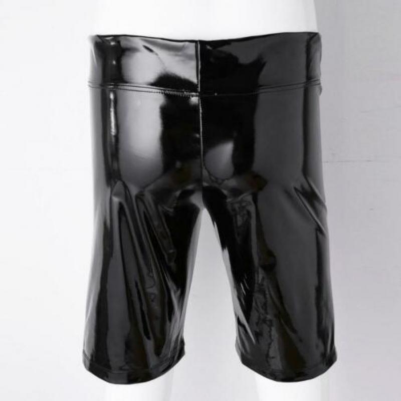 Heren zwarte pu leren korte broek kortebroek lak S M L XL