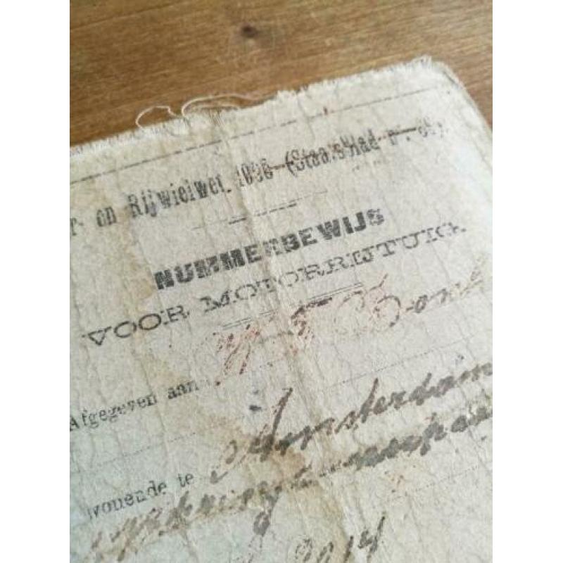 Zeer vroeg Nummerbewijs voor Motorrijwiel 1910