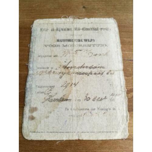 Zeer vroeg Nummerbewijs voor Motorrijwiel 1910