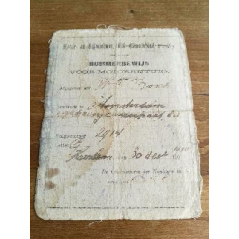 Zeer vroeg Nummerbewijs voor Motorrijwiel 1910