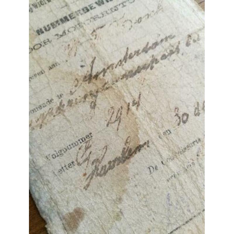 Zeer vroeg Nummerbewijs voor Motorrijwiel 1910