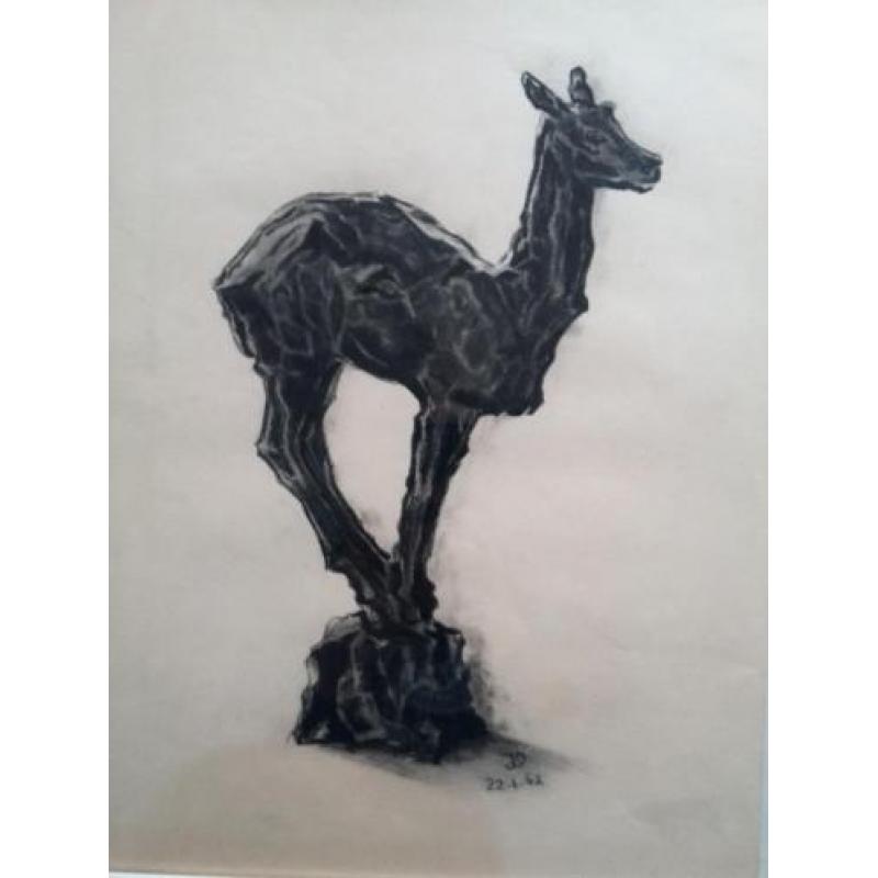 Vintage Art Deco tekening hertenbeeldje uit de jaren '60