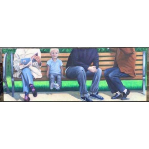 Bankje in het park. Acryl op doek. 30 x 80 cm