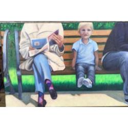 Bankje in het park. Acryl op doek. 30 x 80 cm