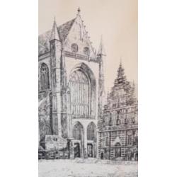 Oude tekening gravure grote kerk Haarlem Legrand gesigneerd.
