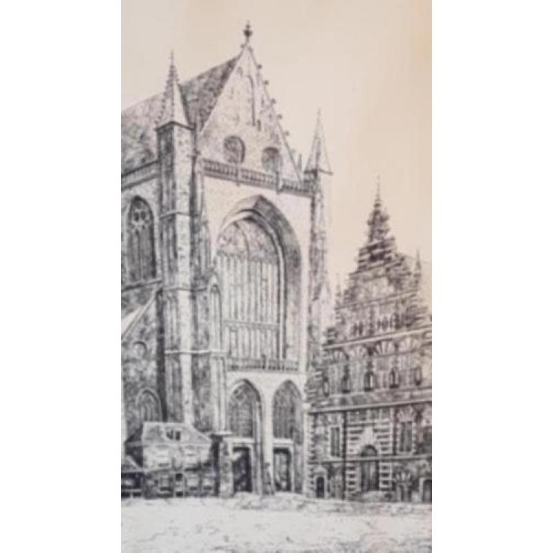 Oude tekening gravure grote kerk Haarlem Legrand gesigneerd.