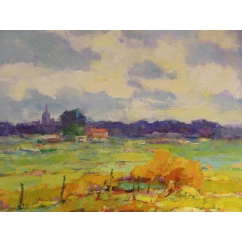 Frans Manders , kleurrijk landschap op paneel