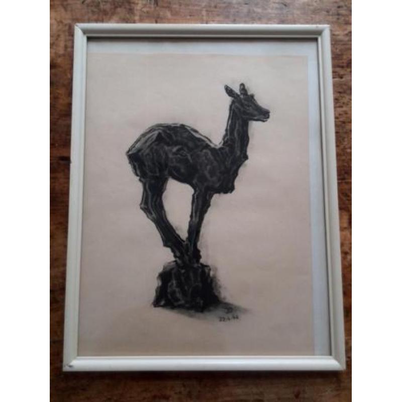 Vintage Art Deco tekening hertenbeeldje uit de jaren '60