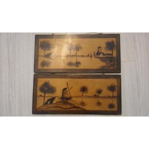 2 Antieke Fineer schilderijen Hollands Landschap uit 1932!
