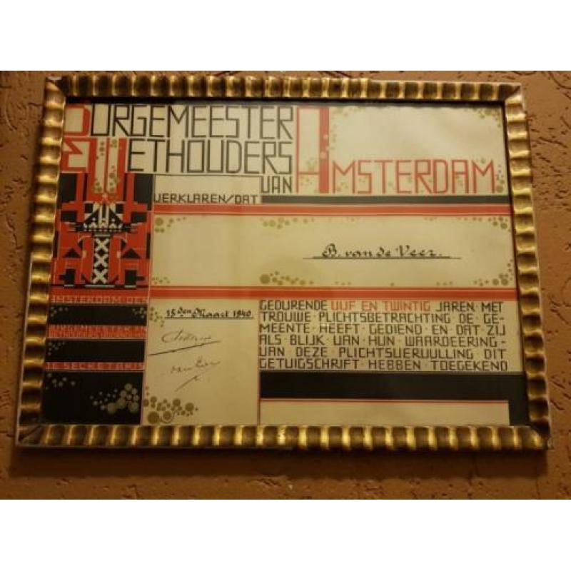 Art Deco Getuigschrift - Gemeente Amsterdam - Maart 1940!