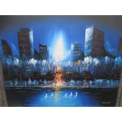 Olie/doek. Roberto, Cityscape at midnight.
