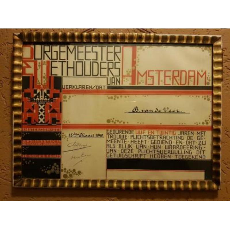 Art Deco Getuigschrift - Gemeente Amsterdam - Maart 1940!