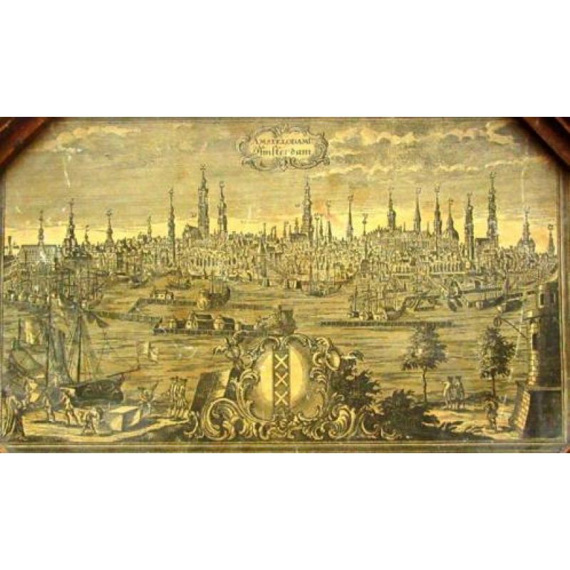 Oud Amsterdams dienblad gravure Georg Ringlin stadsprofiel