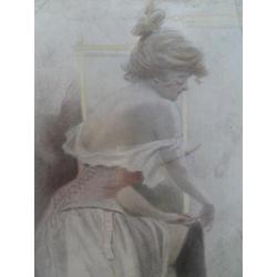 tekening vrouw die kousen optrekt erotisch in 1900 H. Hunter